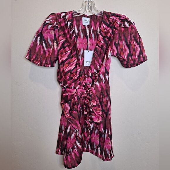 Misa Amina Pink Printed Puff Sleeve Mini Wrap Dress NWT Size Extra Small - Picture 2 of 7